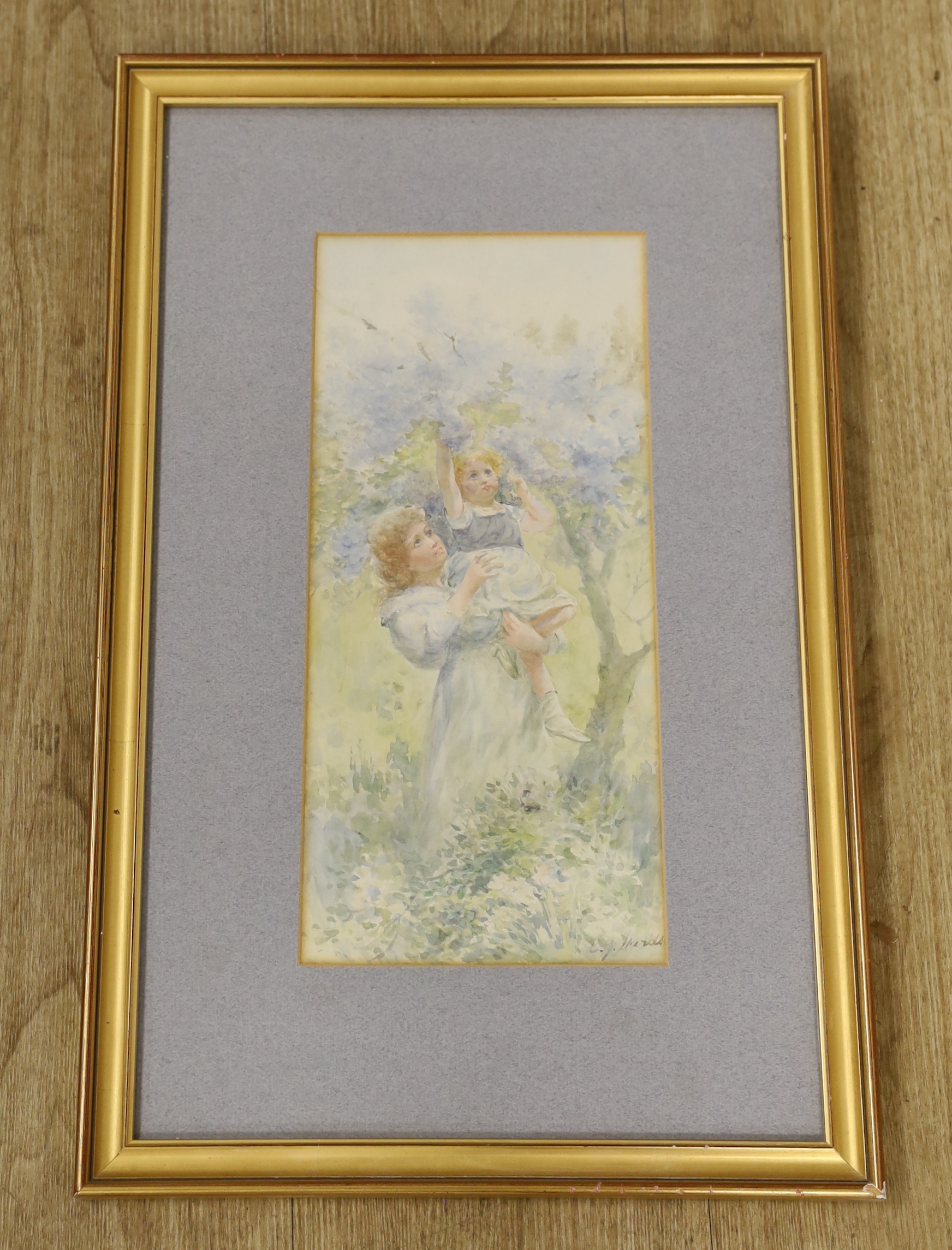 Prof. Charles G. Hards (fl.1883-1891), watercolour, Mother and child before a landscape, signed, 34 x 16cm